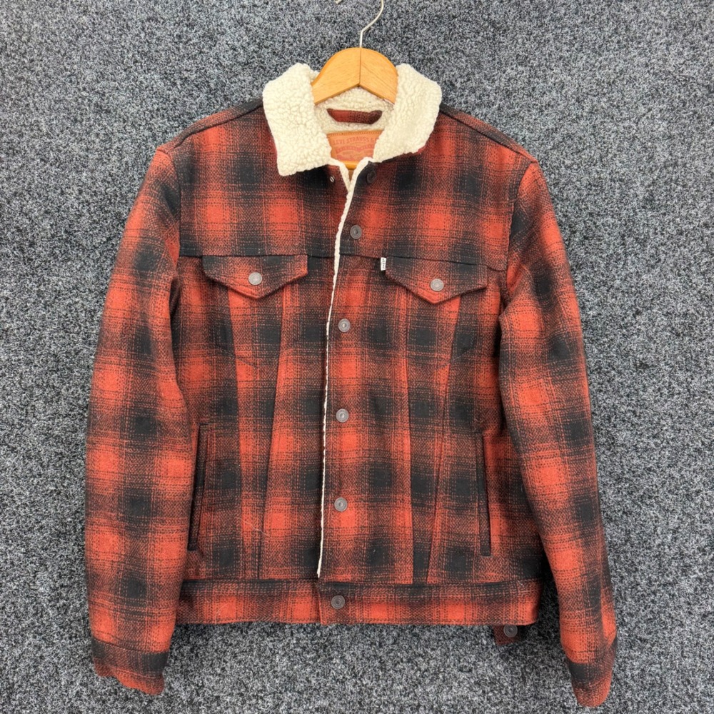 Levis Mens Sherpa Lined Trucker Jacket Red Black Plaid Wool Blend Size M